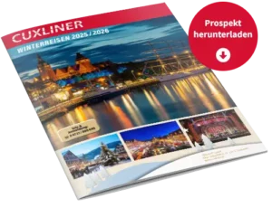 Das ist ein Mockup. Es zeigt eine Broschüre. Auf dieser Broschüre sieht man eine Stadtlandschaft. Es steht „Winterreisen 2025 / 2026“ auf der Broschüre. In einem kleinen Kreis daneben steht „Prospekt herunterladen“.