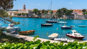 Kroatische Küstenstadt Krk mit türkisfarbenem Wasser und zahlreichen Booten vor der historischen Stadtmauer mit Kirchturm. Einladende Szene aus dem Reisekatalog 2026.