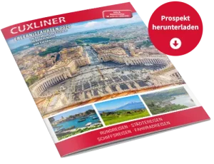 CUXLINER Erlebnisfahrten 2026 Prospekt: Panorama des Petersplatzes in Rom, Küstenansicht, grüne Landschaft. Rundreisen, Städtereisen, Schiffsreisen, Fahrradreisen.