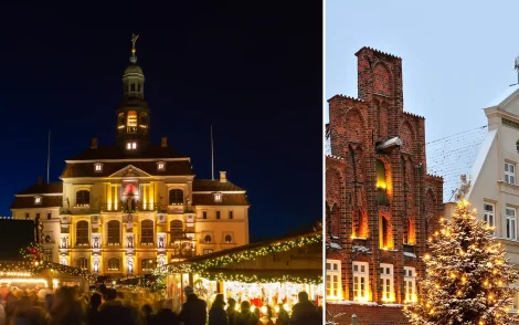 Linke Seite: Weihnachtsmarkt in Lüneburg vor dem Rathaus am Abend. Menschenmenge vor Buden mit Lichtern, weihnachtliche Stimmung. Rechte Seite: Historische Gebäudefassade in Lüneburg mit Weihnachtsbaum in Anschnitt.