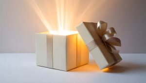 Geöffneter Geschenk Karton strahlt helles Licht aus, mit Schleife, für die Überraschungsreise zur Saisoneröffnung.