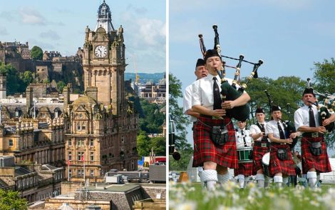 Edinburghs ikonische Architektur mit dem Balmoral Hotel und im Kontrast dazu eine schottische Dudelsackband in traditionellen Kilts. Schottland Kultur und Geschichte vereint.