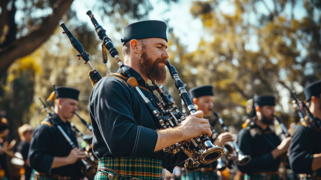 Ein Dudelsackspieler in traditioneller schottischer Tracht mit Kilt spielt in einer Band im Freien. Fokus auf den Musiker mit rotem Bart und schwarzer Mütze.