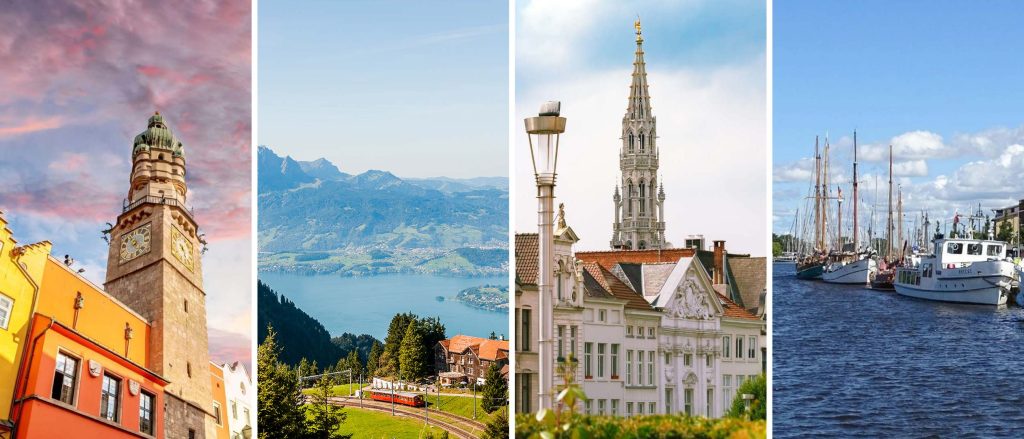Vier Kacheln zeigen vier Orte von links nach rechts: Historische Altstadt von Luzern, Zillertal mit Gebirge und Bahn, Altsadt von Brüssel, Hafen mit Booten in der Ostsee.