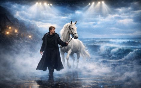 Mann führt ein weißes Pferd am Strand entlang unter dramatischem Himmel. Busreisen und Schiffsreisen könnten solche Erlebnisse bieten.