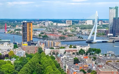 Panorama von Rotterdam, Niederlande, mit der Erasmusbrücke, moderner Architektur und dem Fluss Nieuwe Maas.