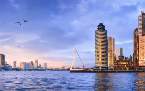 Panorama von Rotterdam bei Sonnenuntergang. Moderne Architektur, Erasmusbrücke und ruhiges Wasser mit Blick auf die Skyline.
