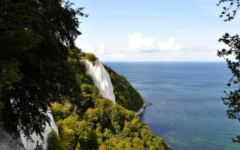 Kreidefelsen auf Rügen, eingebettet in üppiges Grün, mit Blick auf die Ostsee und den Horizont.
